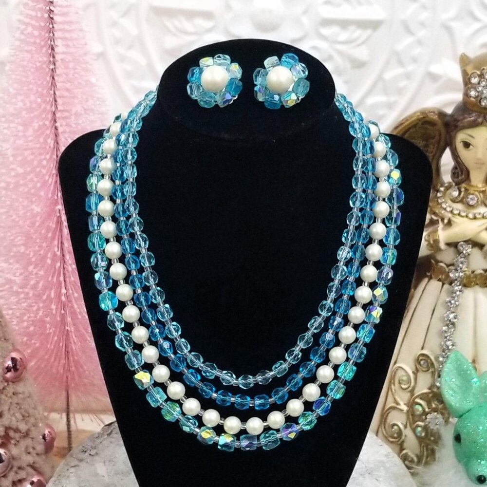 Vtg Turquoise 4-Strand Crystal Glass Aurora Borealis Pearl Beaded Necklace Set